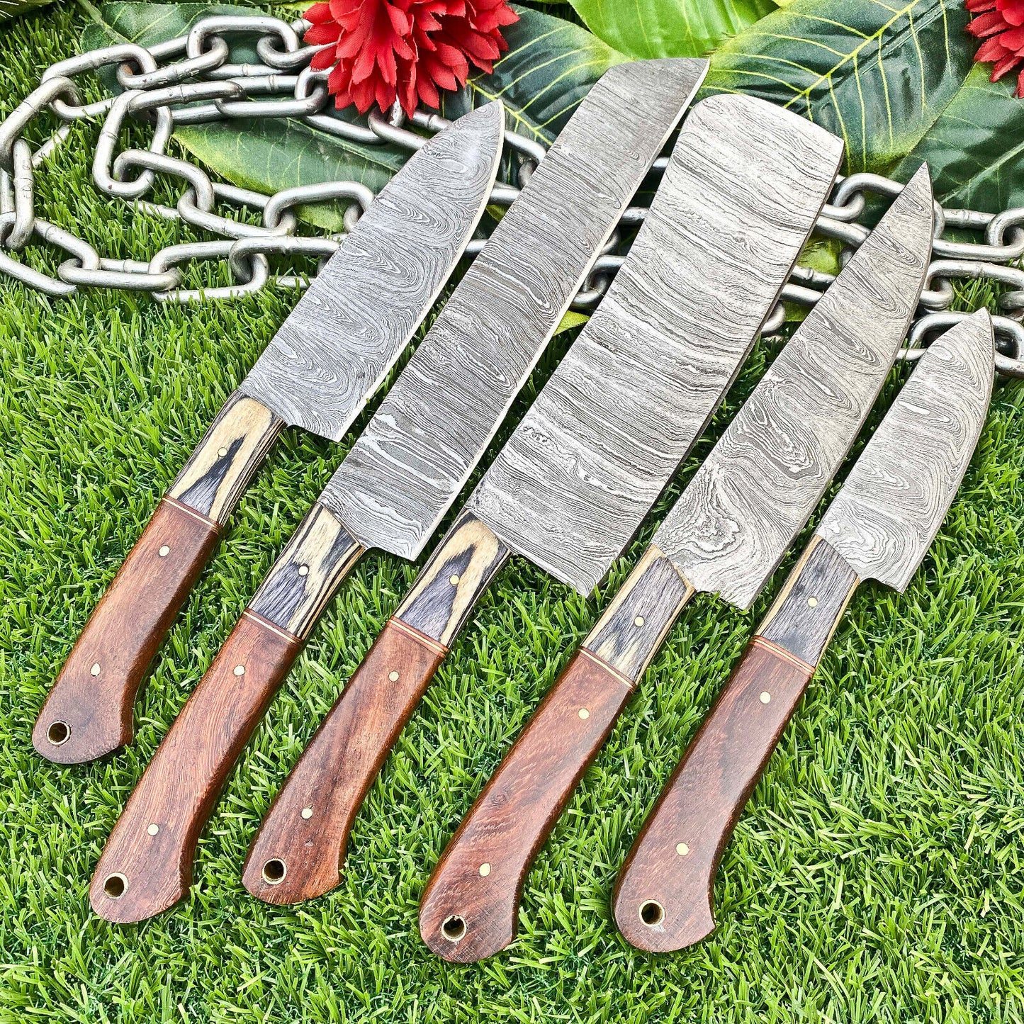 Lot of 5 Handmade Damascus Steel Full Tang Kitchen Chef Knife Set