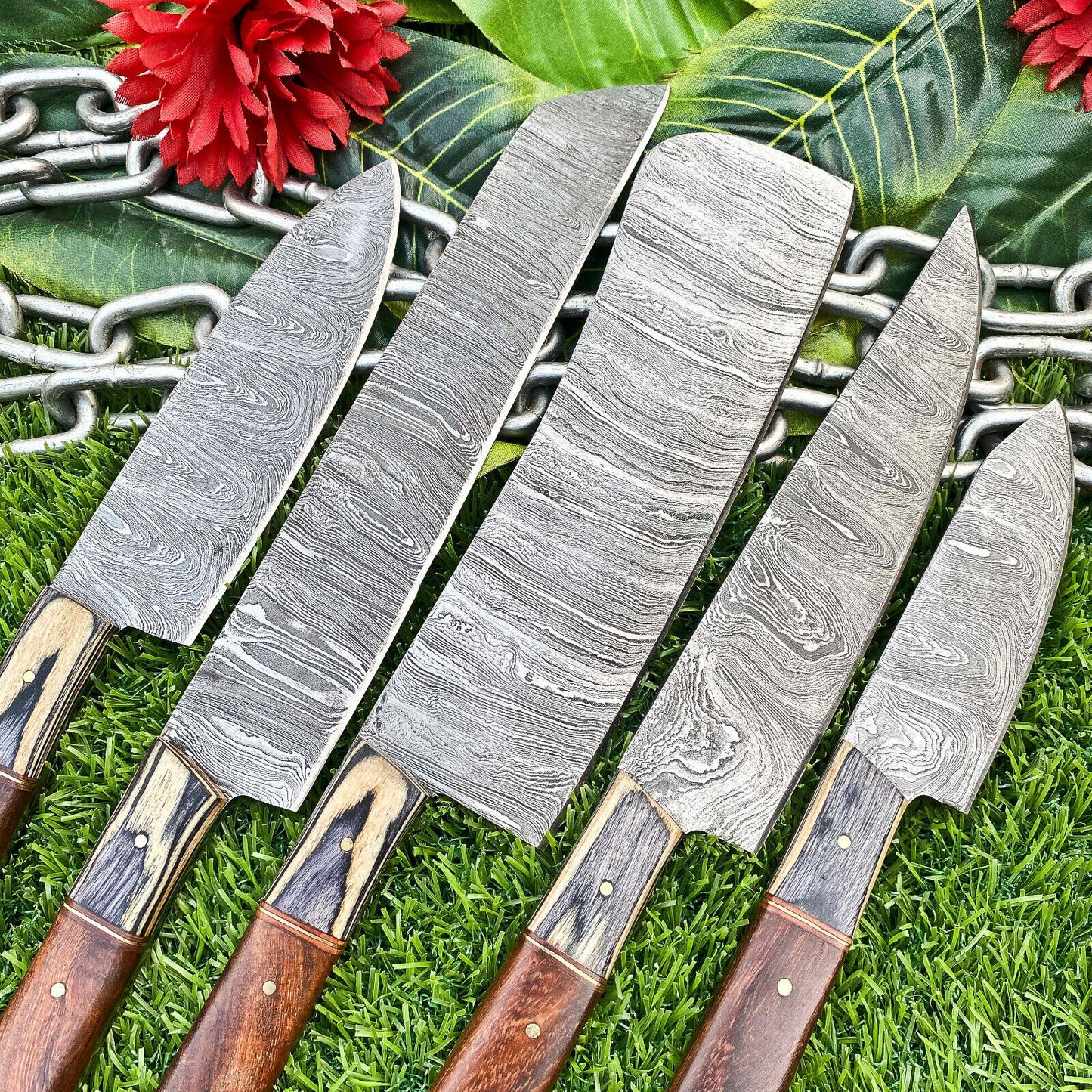 Lot of 5 Handmade Damascus Steel Full Tang Kitchen Chef Knife Set