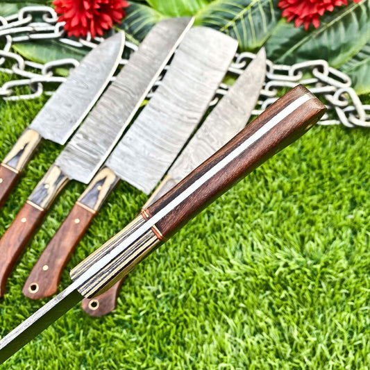 Lot of 5 Handmade Damascus Steel Full Tang Kitchen Chef Knife Set