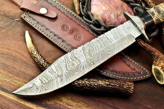 16” Damascus Bowie Knife | Engraved Camel Bone Handle & Leather Sheath