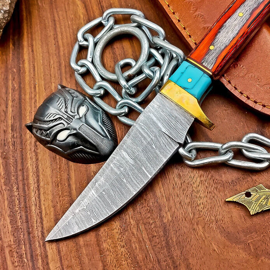 9" Custom Damascus Steel Hunting Knife with Wood Handle & Leather Sheath