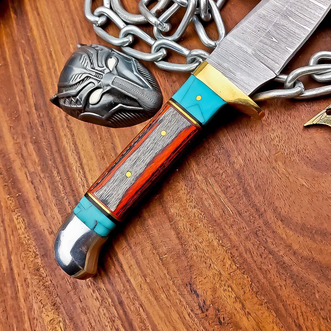 9" Custom Damascus Steel Hunting Knife with Wood Handle & Leather Sheath