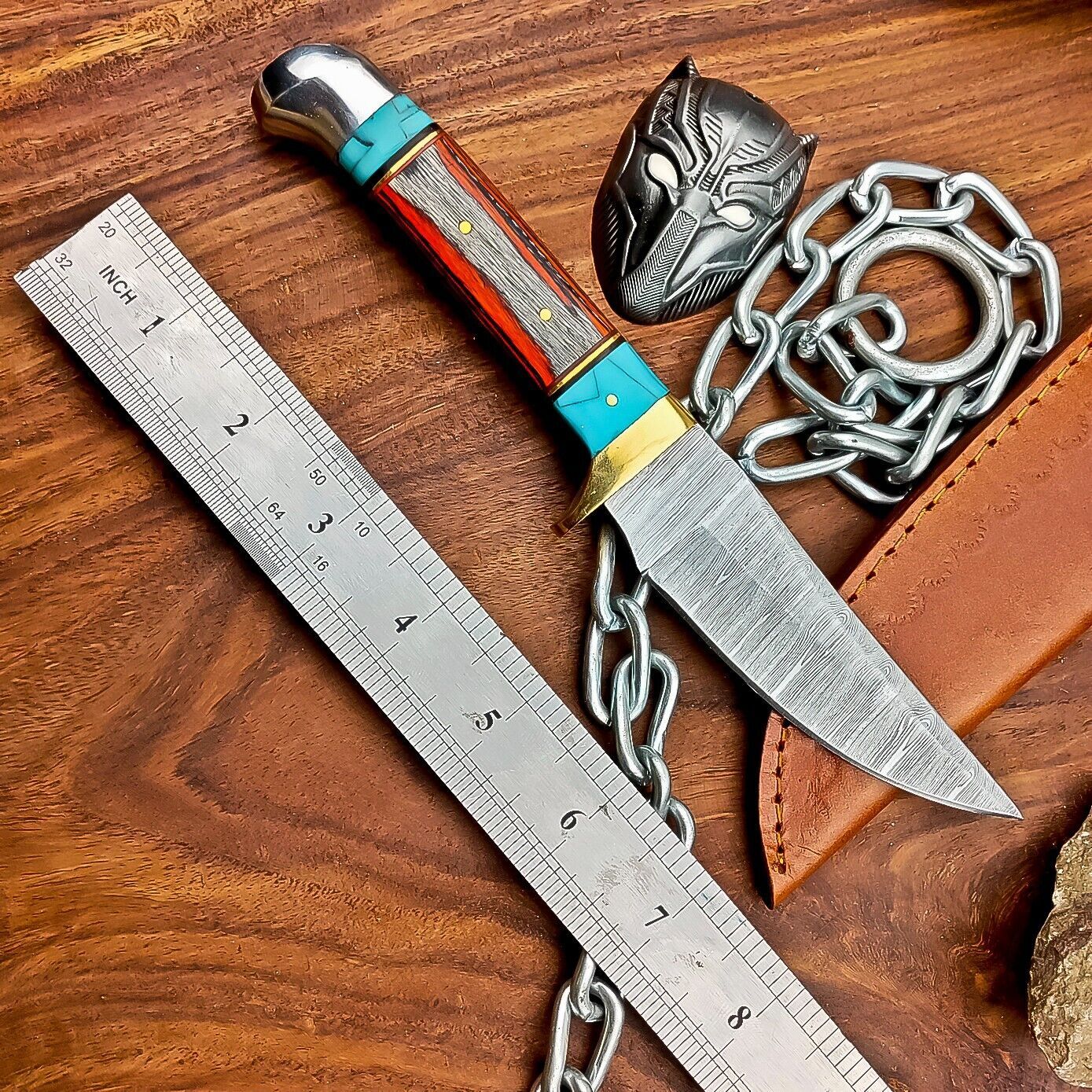 9" Custom Damascus Steel Hunting Knife with Wood Handle & Leather Sheath