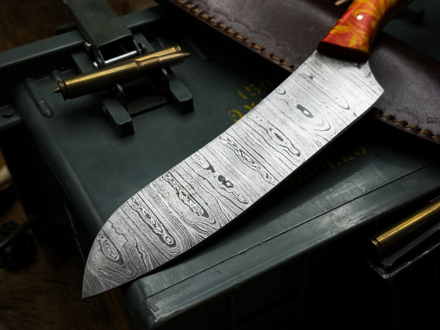 Handmade Damascus Steel Hunting & Kitchen Chef Knife | Resin Handle with Leather Sheath