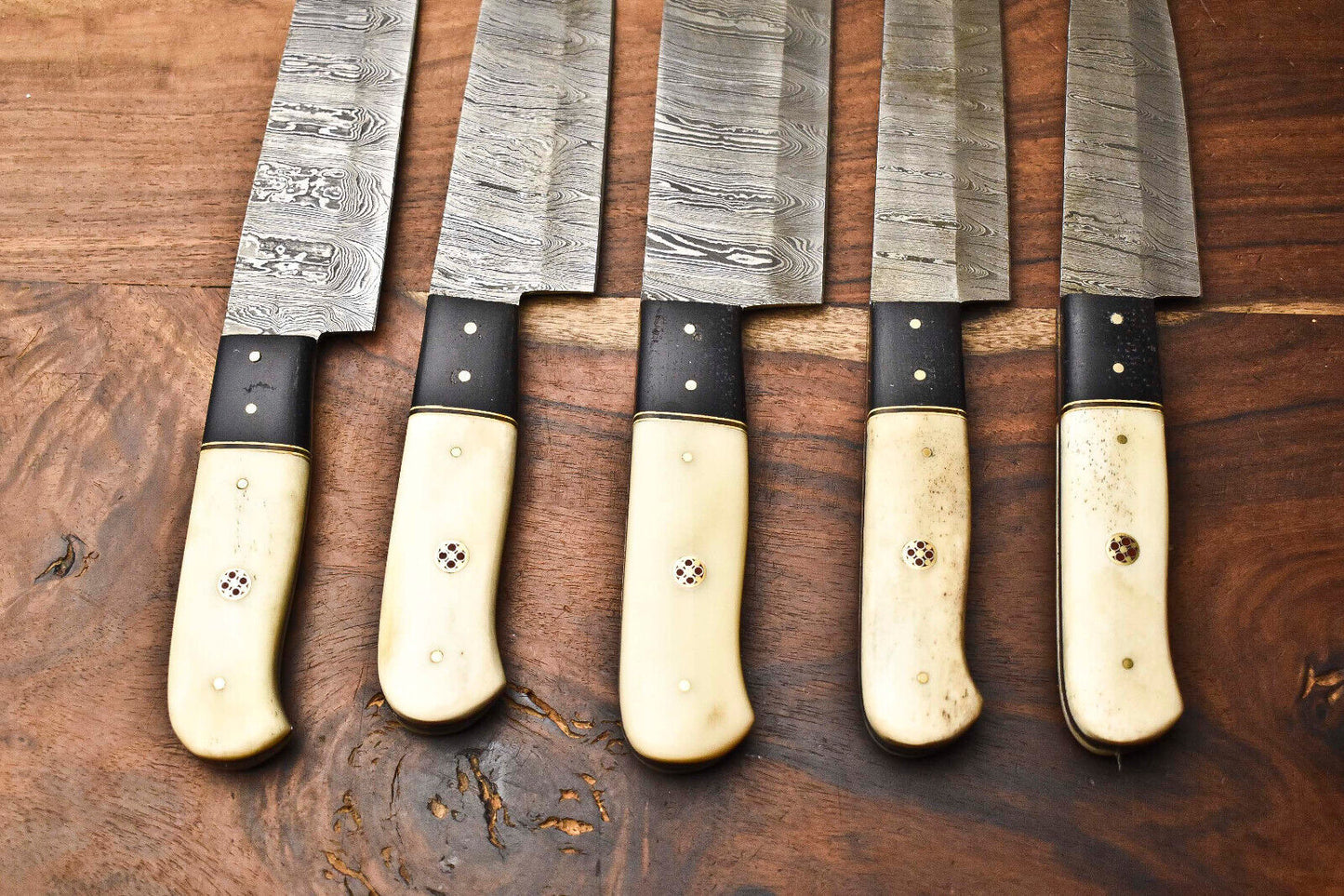 Custom Lot of 5 Handmade Hammered Damascus Steel Blade Chef Knife Set – Full Tang