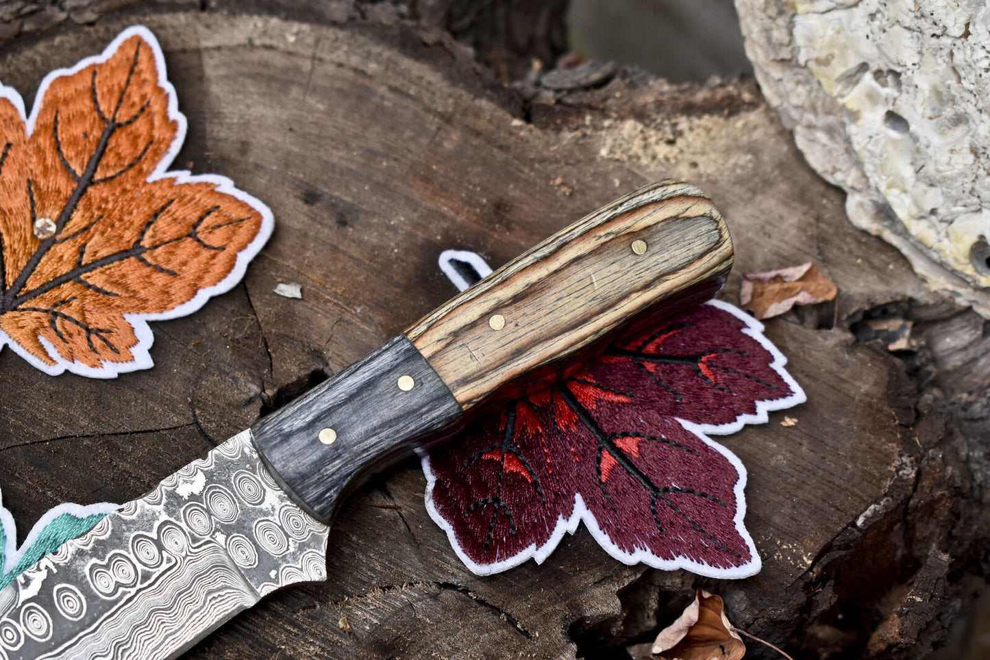 Custom Damascus Skinner Hunting Knife with Rain Drop Pattern and Hardwood Handle