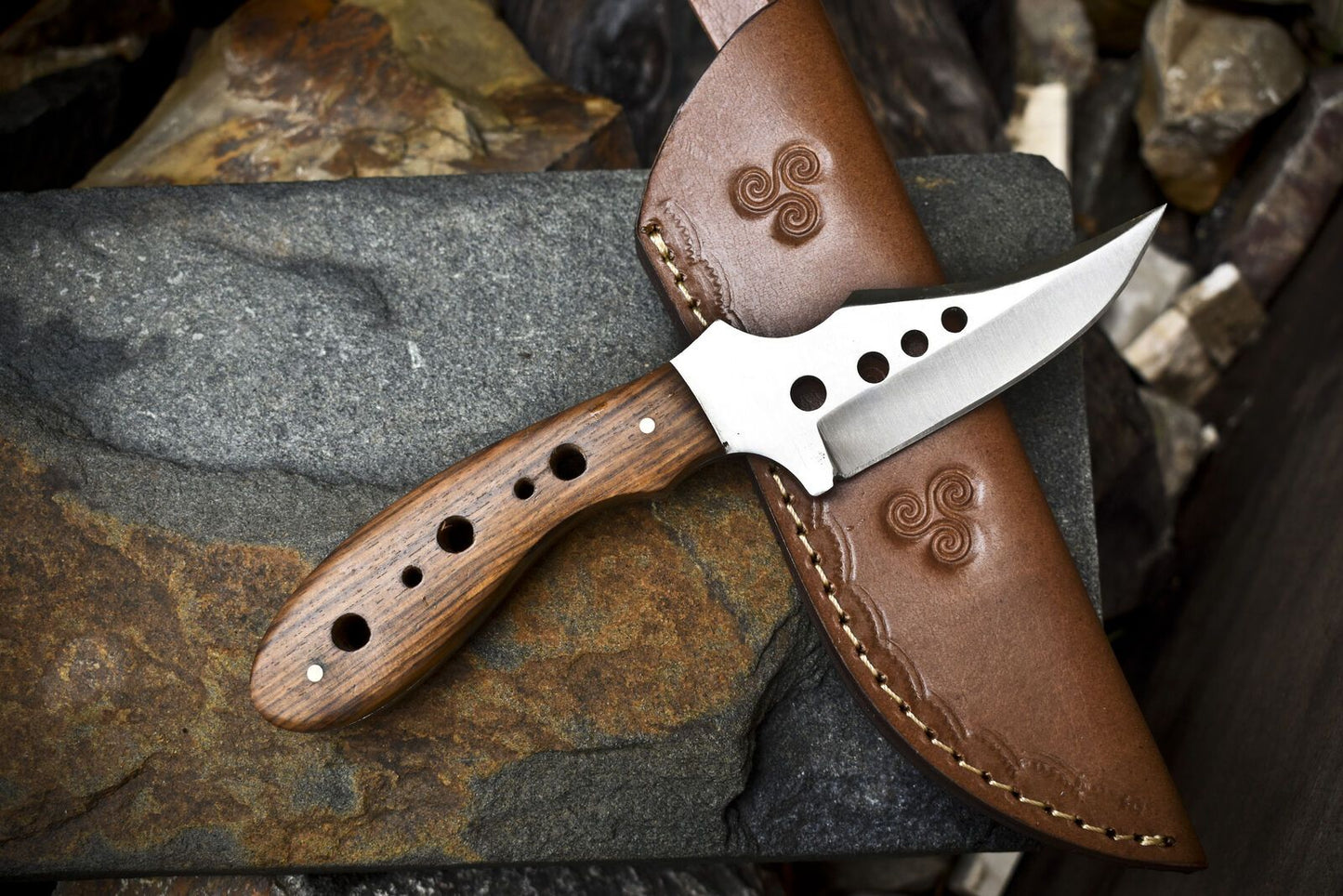 8" Skinner Knife AUS-8 Steel Walnut Wood Handle with Leather Sheath Hunting Veterans Gift