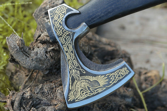 Handmade Viking Bearded Axe – Forged Carbon Steel Tomahawk Camping Hatchet with Wooden Handle and Leather Sheath