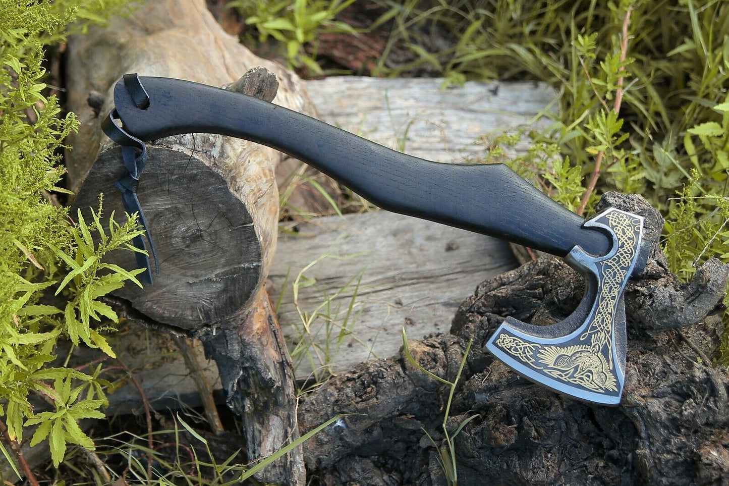 Handmade Viking Bearded Axe – Forged Carbon Steel Tomahawk Camping Hatchet with Wooden Handle and Leather Sheath