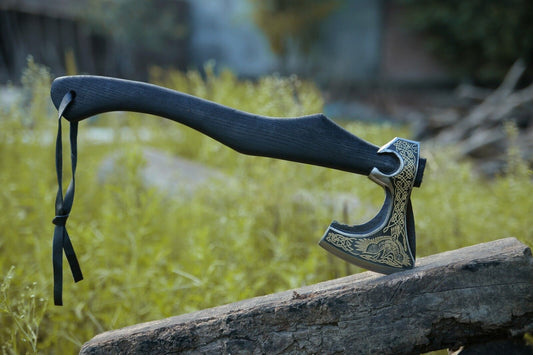 Handmade Viking Bearded Axe – Forged Carbon Steel Tomahawk Camping Hatchet with Wooden Handle and Leather Sheath