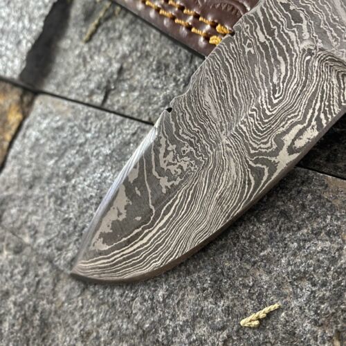 8" Damascus Steel Bowie Knife with Ram Horn Handle – EDC Fixed Blade