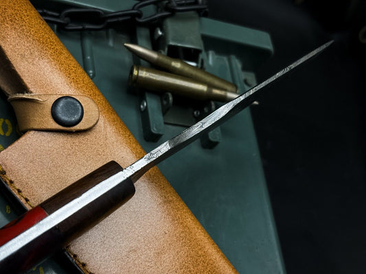 Handmade Damascus Steel Hunting Tracker Knife – Wood Handle, Cow Leather Sheath