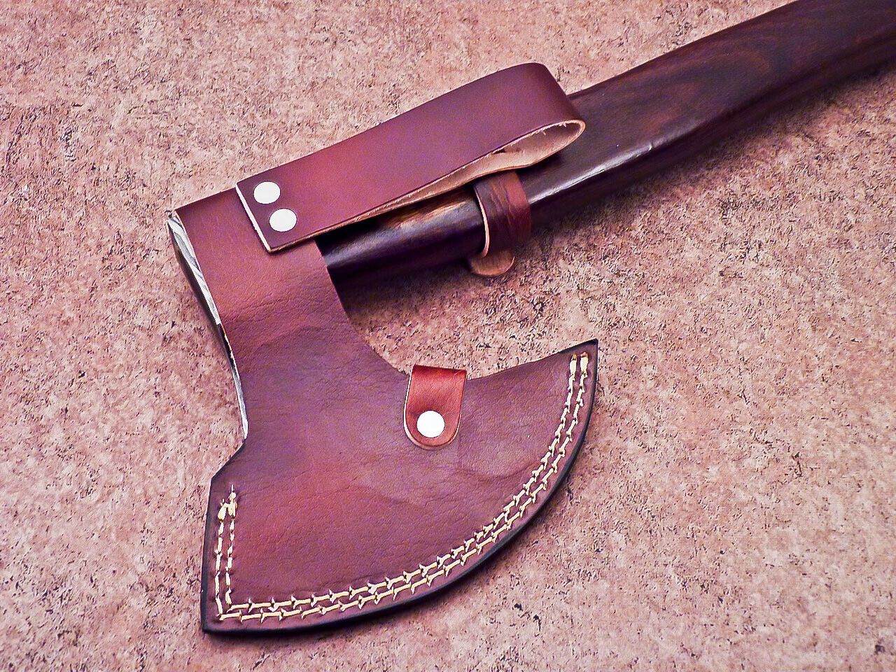 Handmade Damascus Steel Axe | Unique 16-Inch Limited Edition with Natural Wood Handle & Leather Sheath