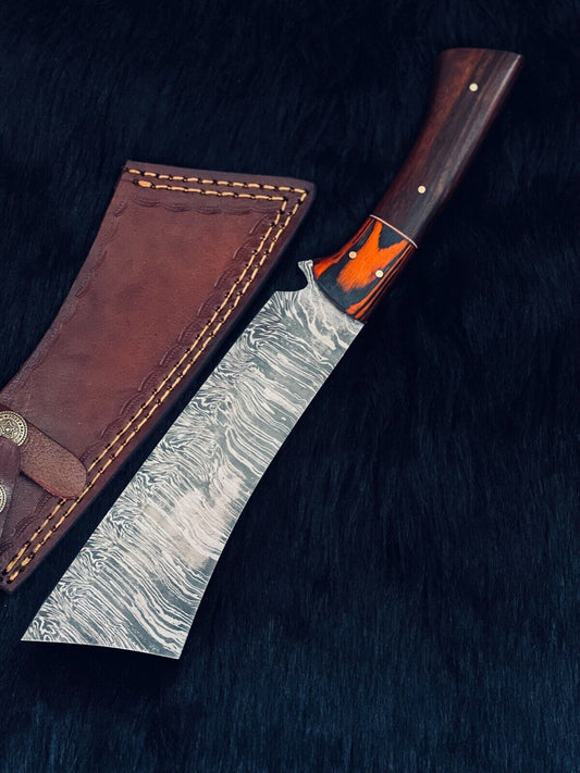 Heritage Forge 12 Inch Twist Damascus Steel Hunting Knife with Camel Bone and Wood Handle