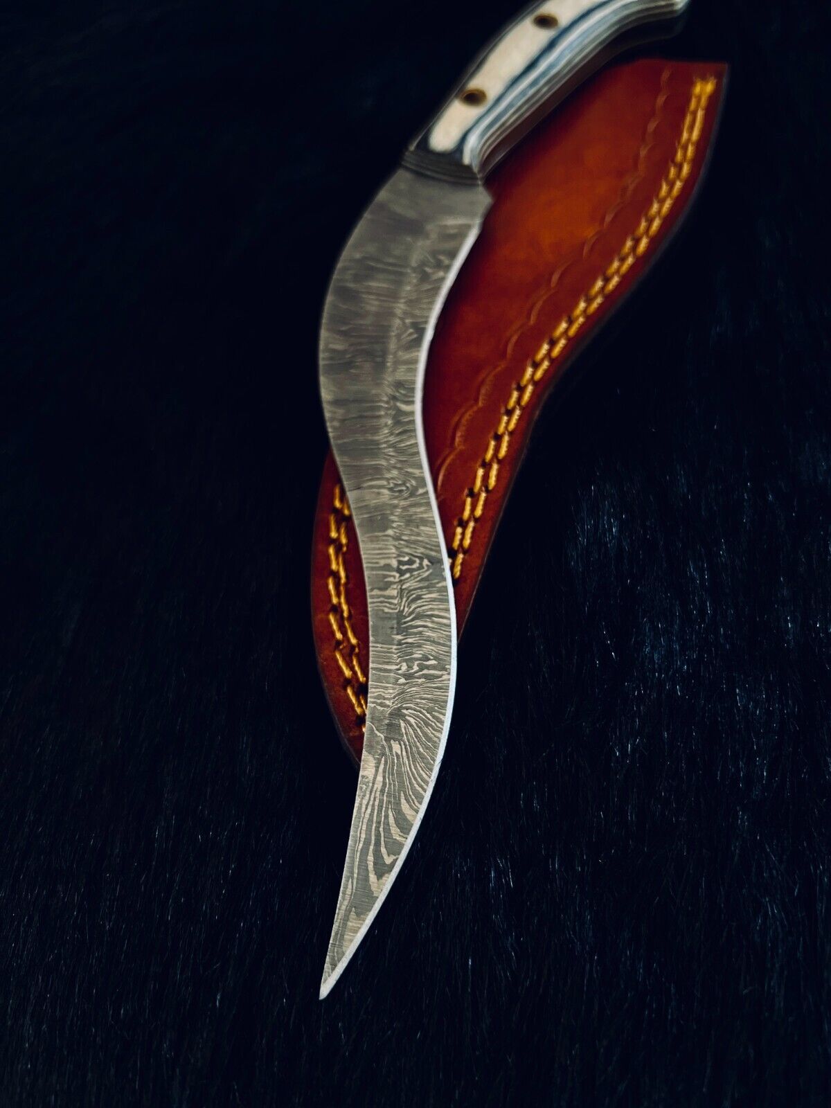 Heritage Forge 11 Inch Fire Damascus Skinner Knife with Camel Bone and Wood Handle