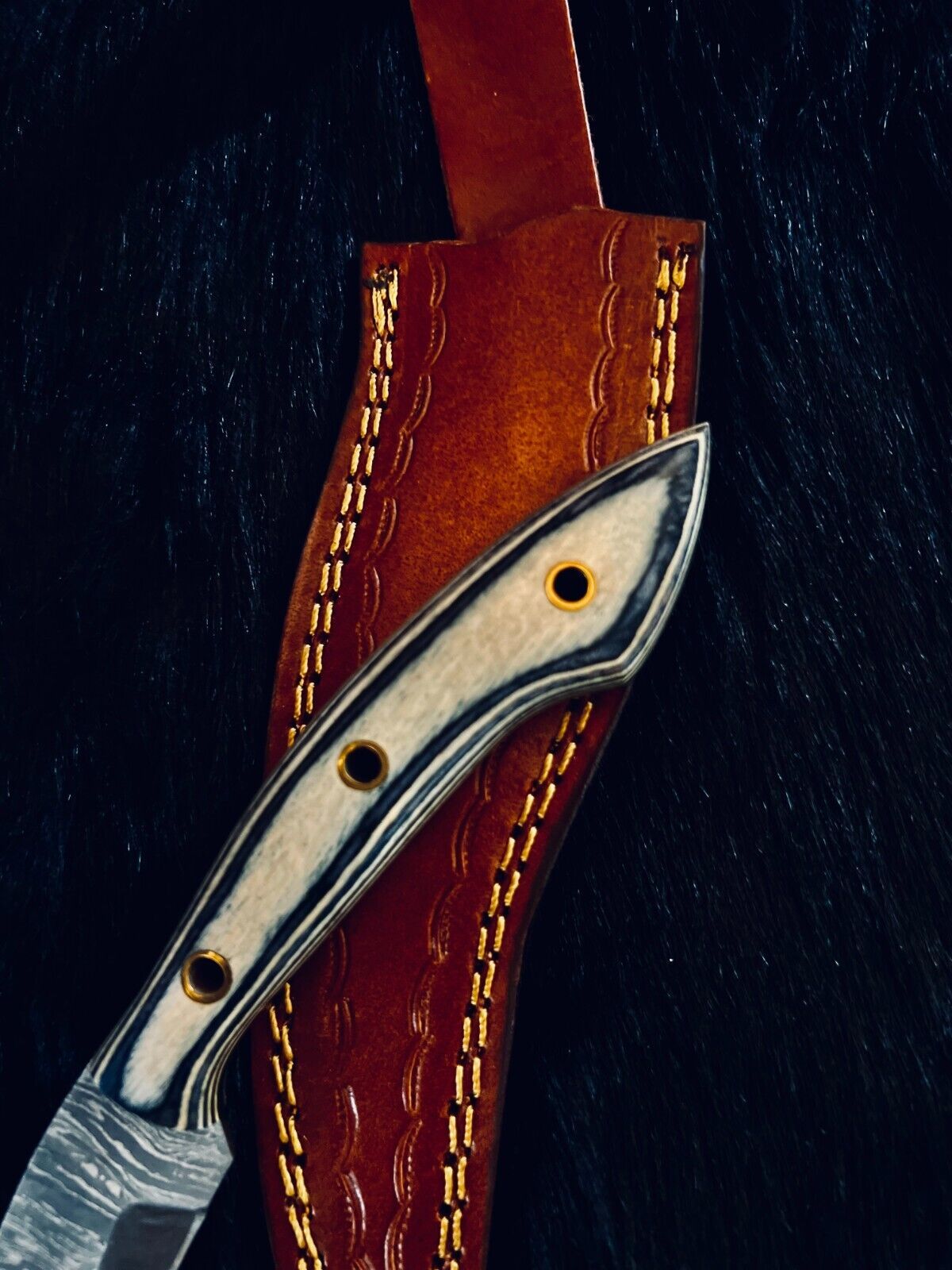Heritage Forge 11 Inch Fire Damascus Skinner Knife with Camel Bone and Wood Handle