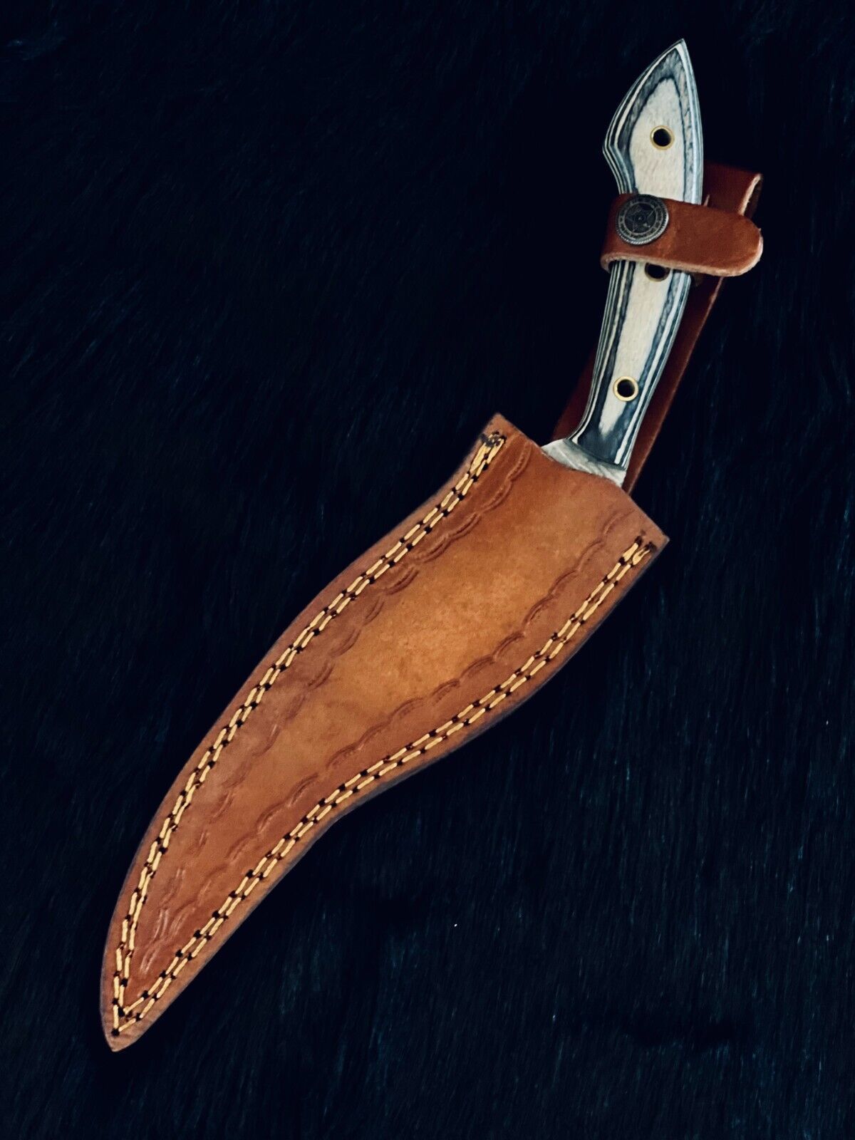 Heritage Forge 11 Inch Fire Damascus Skinner Knife with Camel Bone and Wood Handle