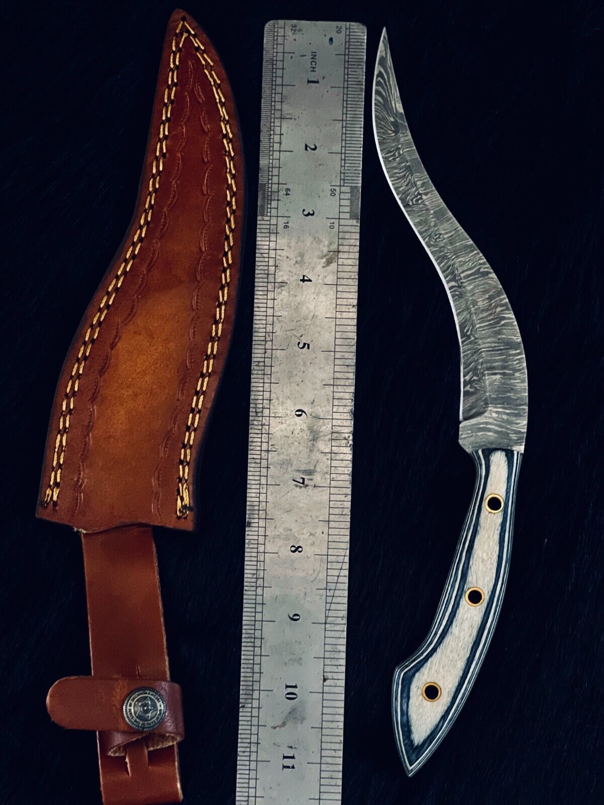 Heritage Forge 11 Inch Fire Damascus Skinner Knife with Camel Bone and Wood Handle