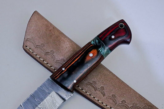 Handmade Damascus Skinner Knife with Paka Wood Handle and Premium Leather Sheath