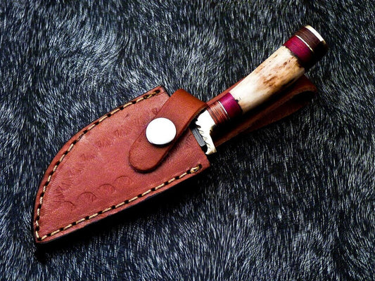 6" Hand-Forged Damascus Steel Bowie Hunting Knife – Stag Horn Handle & Leather Sheath
