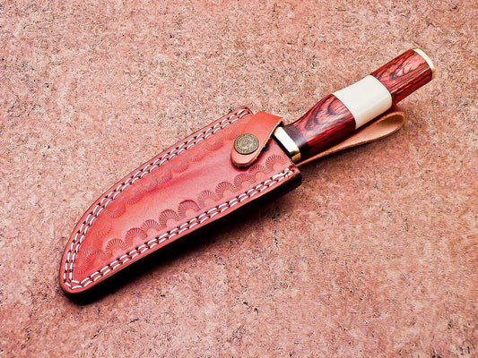 Damascus Steel Bowie Hunting Knife with Camel Bone and Hardwood Handle