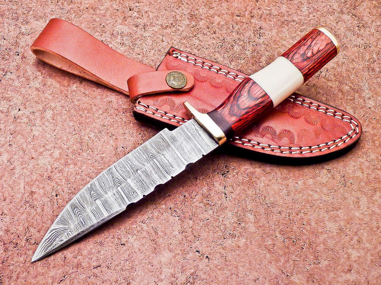 Damascus Steel Bowie Hunting Knife with Camel Bone and Hardwood Handle