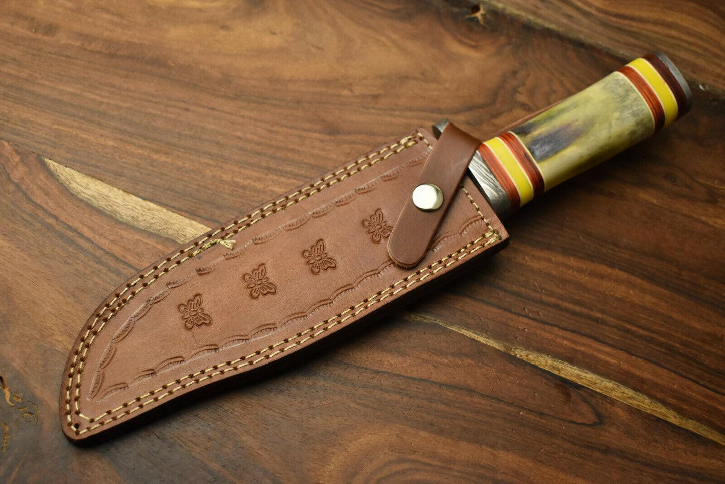 12.5" Damascus Steel Bowie Knife – Camel Bone Handle & Leather Sheath