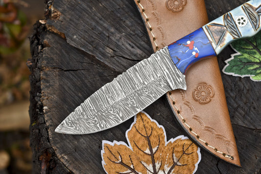 Twist Damascus Skinner Knife with Bone Handle and Micarta Bolster for Hunting