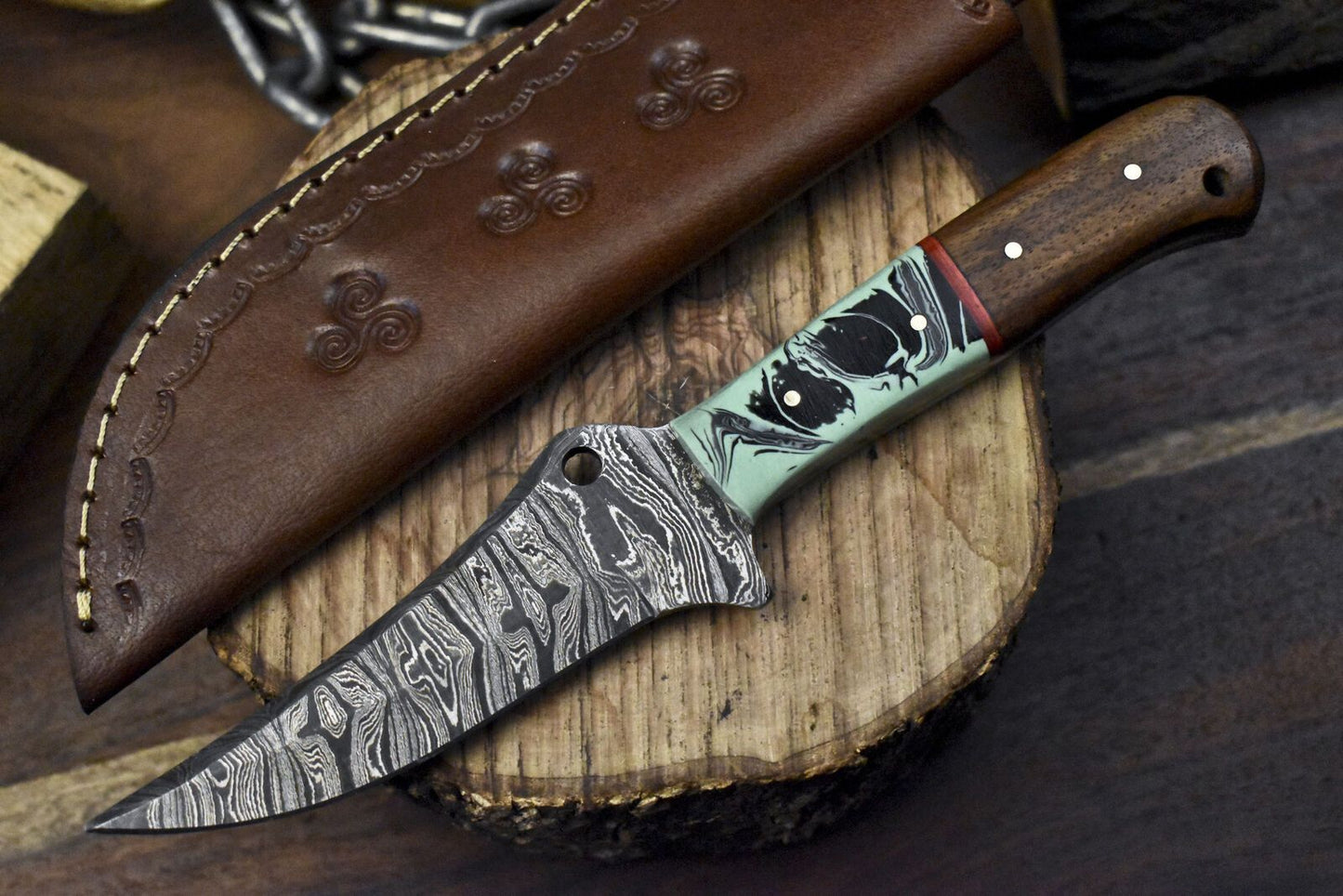 Custom Damascus Skinner Knife Twist Pattern Mixed Material Handle – Handmade Camping & Bushcraft Hunting Knife
