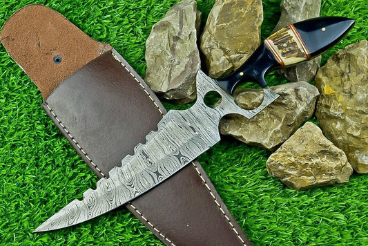 Heritage Forge 13 Inch Handmade Damascus Steel Bowie Knife with Stag and Buffalo Horn Handle