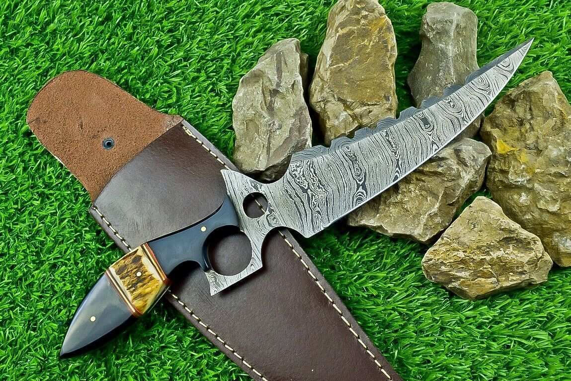 Heritage Forge 13 Inch Handmade Damascus Steel Bowie Knife with Stag and Buffalo Horn Handle