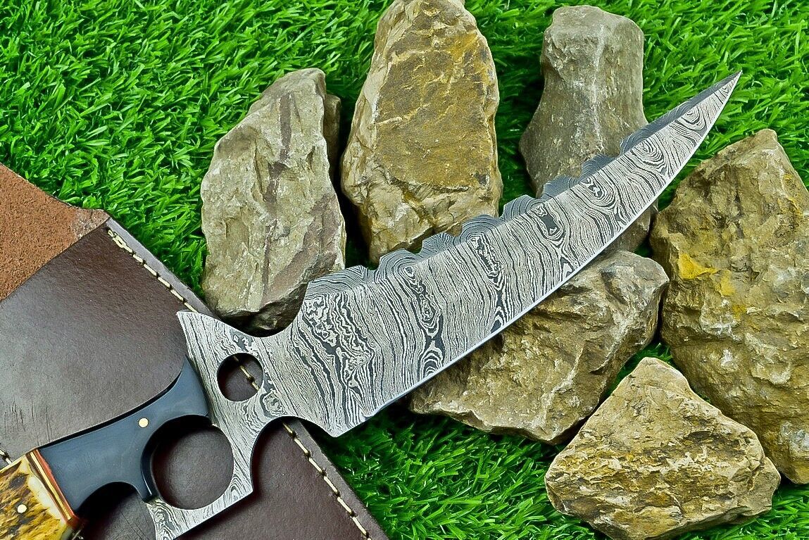 Heritage Forge 13 Inch Handmade Damascus Steel Bowie Knife with Stag and Buffalo Horn Handle