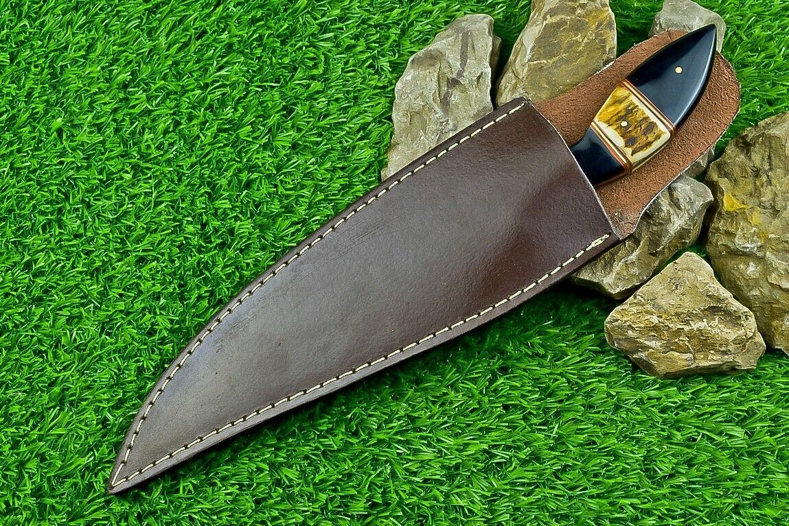 Heritage Forge 13 Inch Handmade Damascus Steel Bowie Knife with Stag and Buffalo Horn Handle