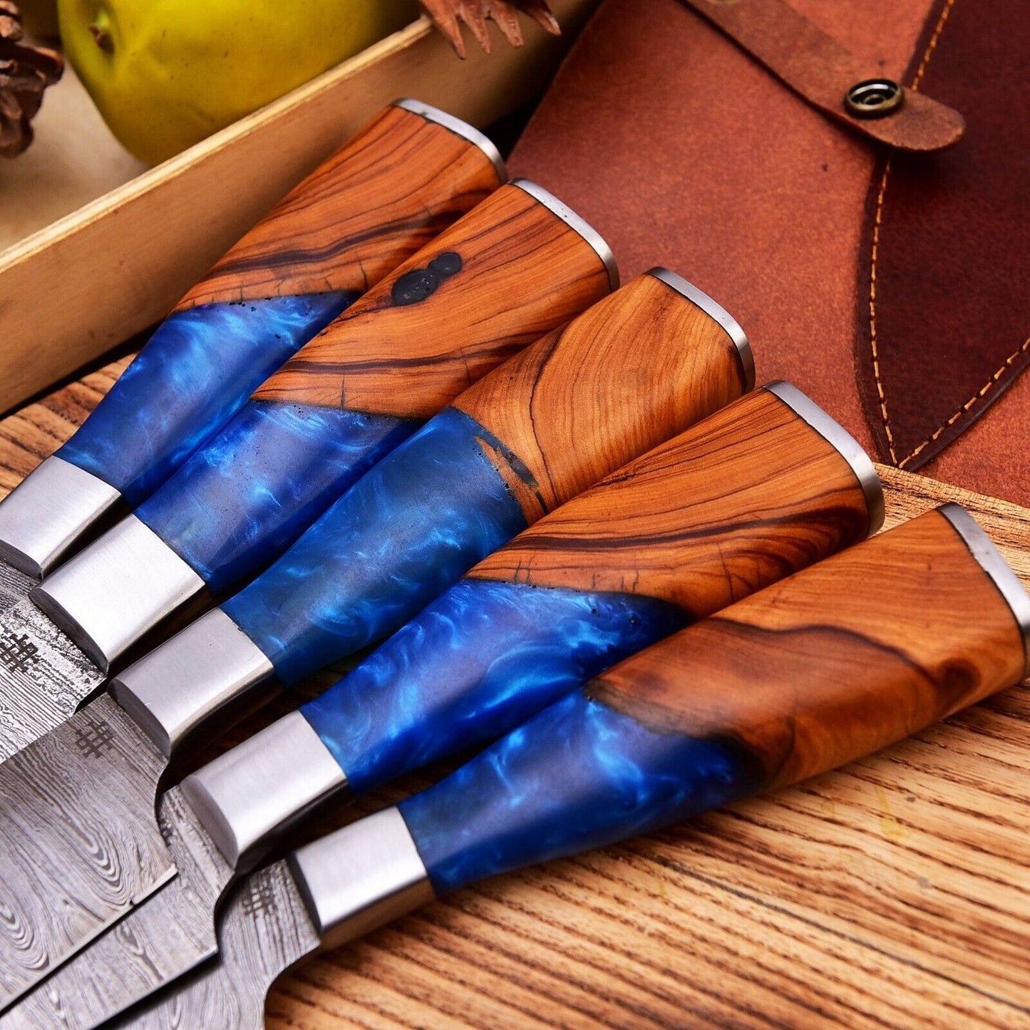 Custom Handmade Damascus Steel Full Tang Chef Knife Set with Leather Sheath
