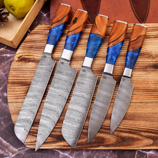 Custom Handmade Damascus Steel Full Tang Chef Knife Set with Leather Sheath