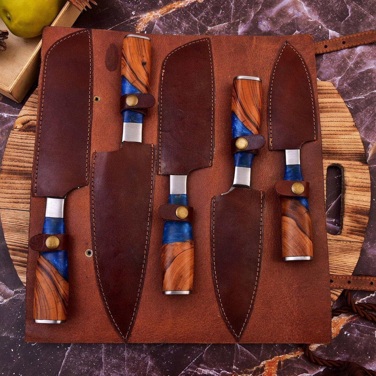Custom Handmade Damascus Steel Full Tang Chef Knife Set with Leather Sheath