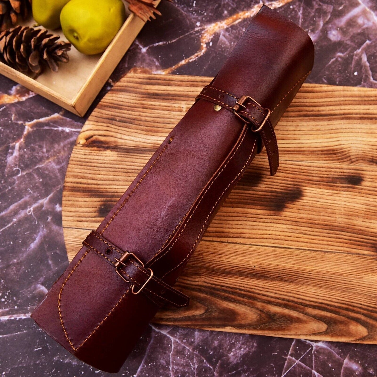 Custom Handmade Damascus Steel Full Tang Chef Knife Set with Leather Sheath