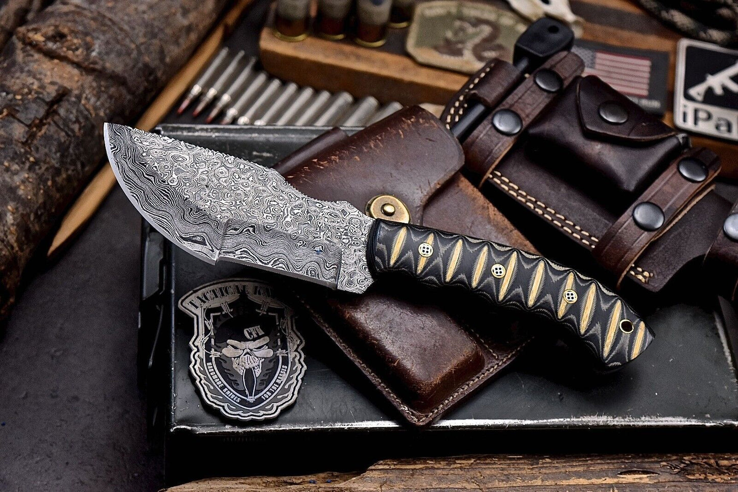 Handmade Damascus Steel Tracker Chopper Knife with Micarta Handle – Camping, Hunting, Survival & Outdoor Sport Knife with Leather Sheath