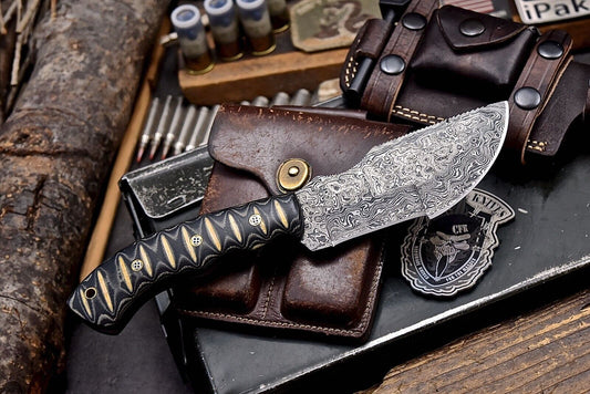 Handmade Damascus Steel Tracker Chopper Knife with Micarta Handle – Camping, Hunting, Survival & Outdoor Sport Knife with Leather Sheath