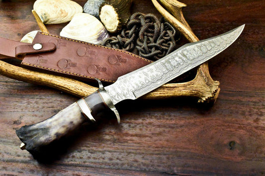 15.5" Handmade Damascus Bowie Knife – Camel Bone Sub-Hilt Handle & Leather Sheath
