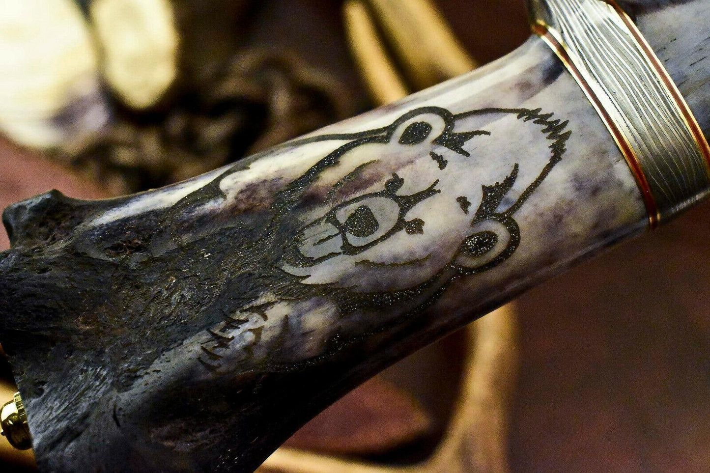 15.5" Handmade Damascus Bowie Knife – Camel Bone Sub-Hilt Handle & Leather Sheath