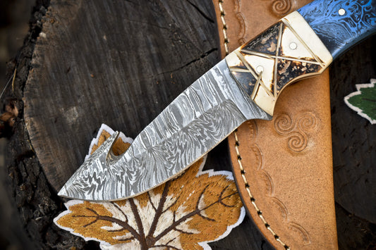 Twist Damascus Gut Hook Skinner Knife with Corian Handle for Hunting and Field Dressing