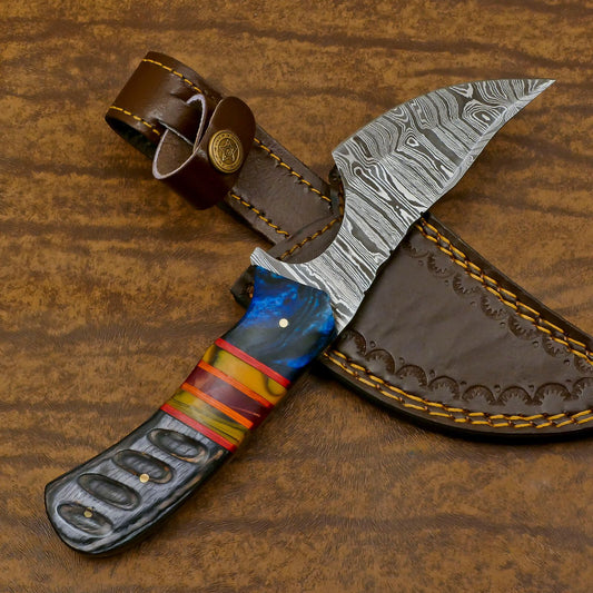 Resin Wood Damascus Skinner Hunting Knife Handmade EDC Fixed Blade