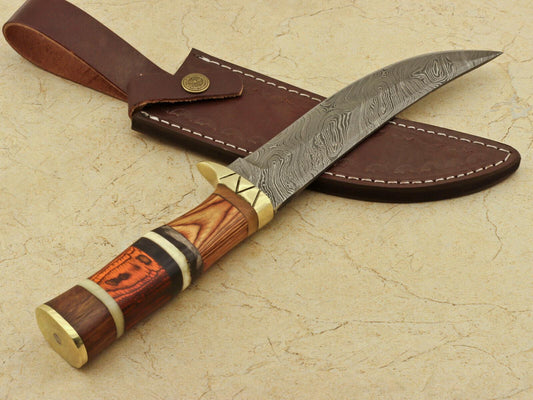 12" Handmade Damascus Steel Hunting & Bowie Knife – Pakka Wood, Rosewood & Bone Handle
