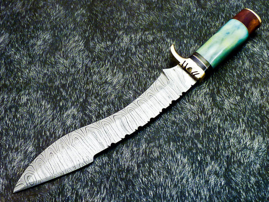 14" Hand Forged Damascus Bowie Hunting Knife – Stained Camel Bone Handle