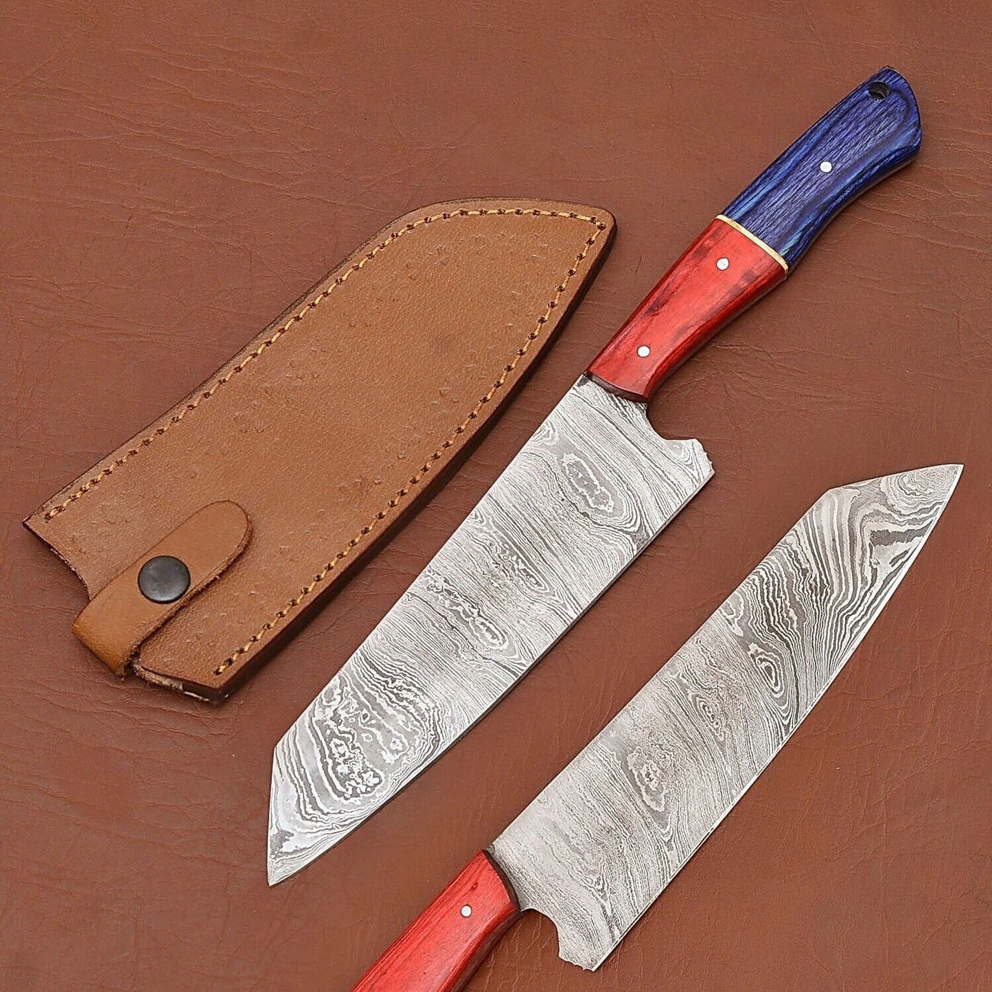 Custom Handmade Damascus Steel Chef Kitchen Knife | Wood Handle with Leather Sheath