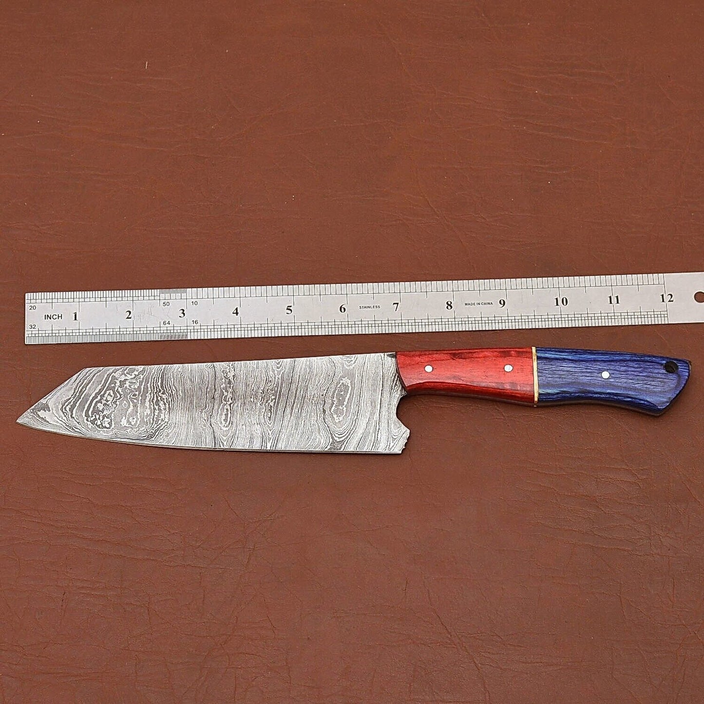 Custom Handmade Damascus Steel Chef Kitchen Knife | Wood Handle with Leather Sheath