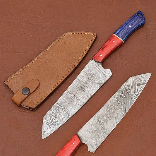 Custom Handmade Damascus Steel Chef Kitchen Knife | Wood Handle with Leather Sheath