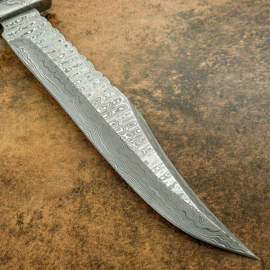 Custom Damascus Bowie Hunting Knife | Stag Crown Antler Handle, 12" Blade