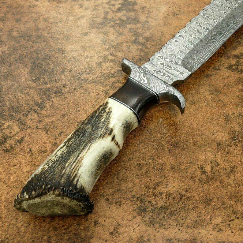 Custom Damascus Bowie Hunting Knife | Stag Crown Antler Handle, 12" Blade